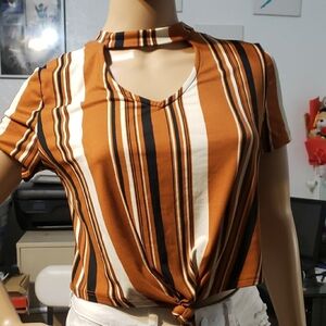 Striped Knot-Front Top - Orange, Black, White